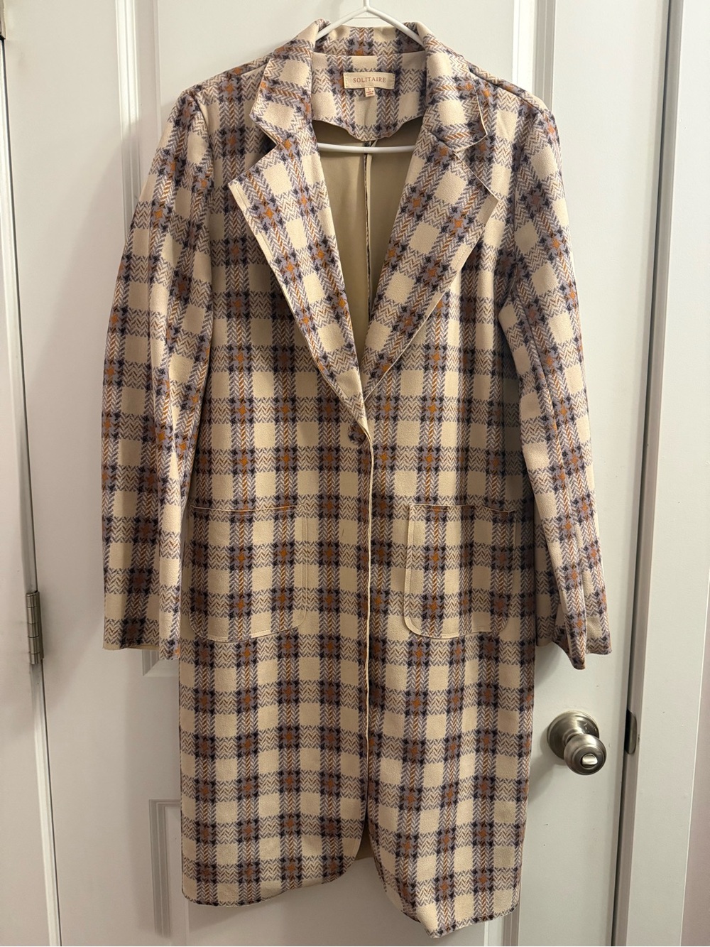 Solitaire Cream Plaid Pea Coat with Blue & Tan Checks
